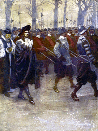 man in hat with long hair and mustache being escorted by men with pikes
