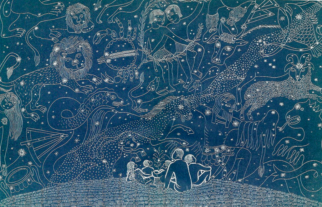 Two adults and three children stargazing in meadow. Constellations drawn as their creatures and symbols line the sky.