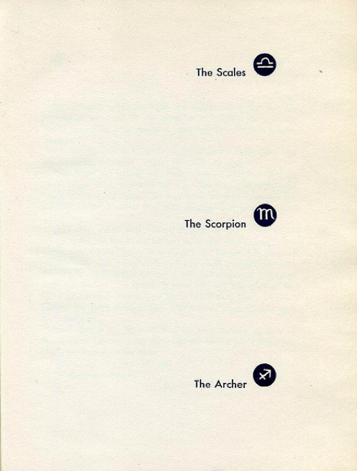 Zodiac symbols for Libra, Scorpio, and Sagittarius printed respectively near caption: The Scales, The Scorpion, The Archer.