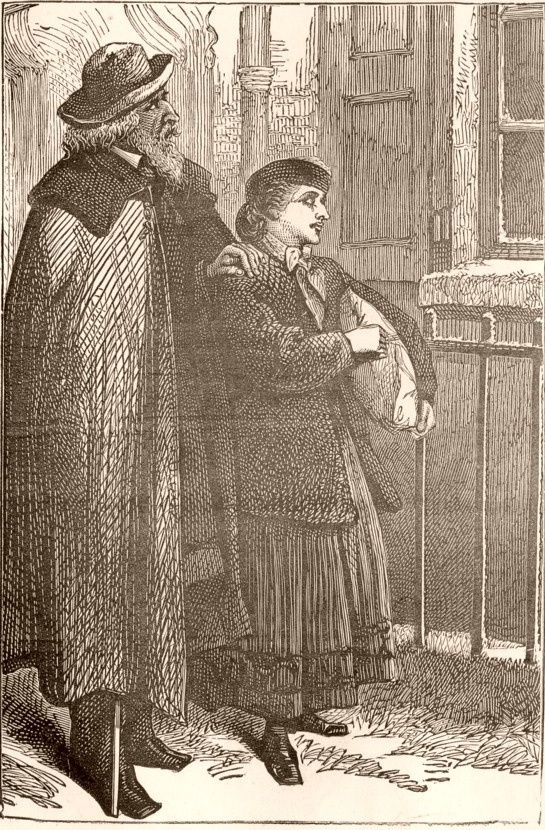 Man in long cloak and girl carrying parcel. Caption: Looking For Lodgings.