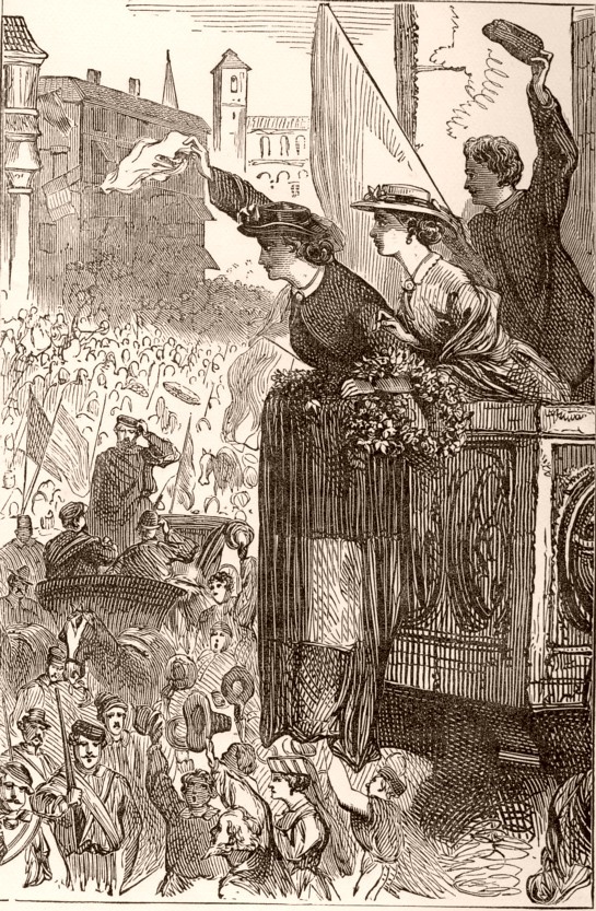 Two women and a man on balcony watching large crowd in street. Caption: Garibaldi's Arrival in Naples.