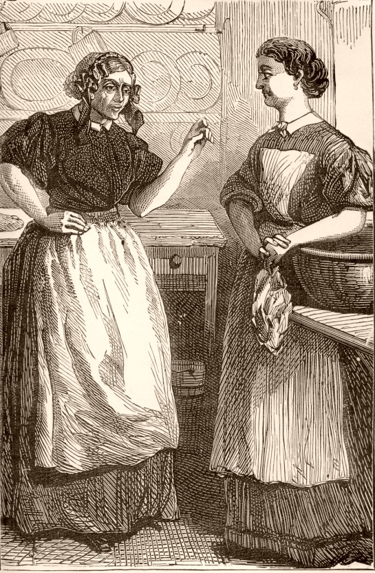Old woman talking to young woman in kitchen. Caption: Mrs. Sims Gives Her Opinion.