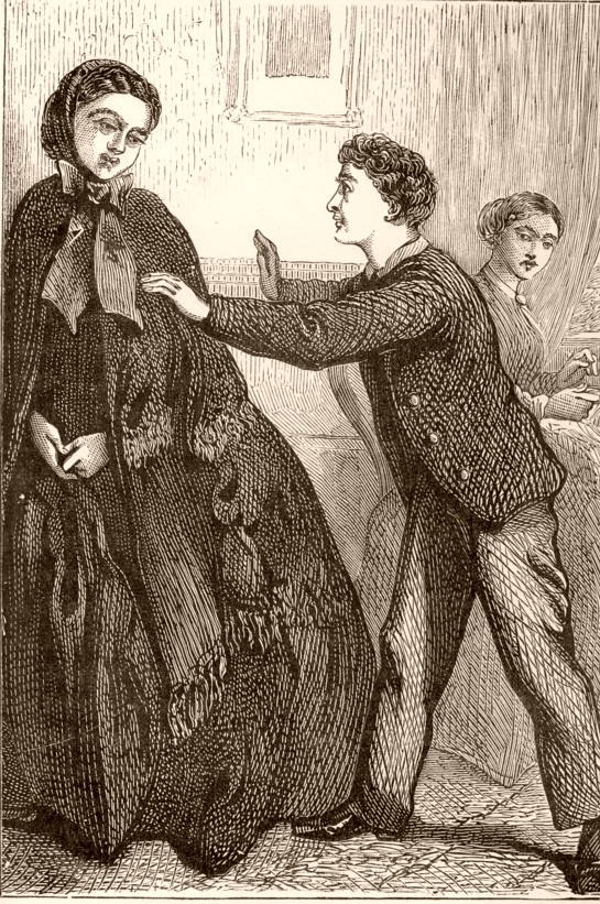 Young boy talking to woman wearing cloak. Caption: Harry Imparting the News.
