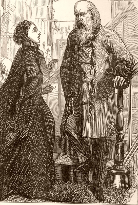 Woman in cloak talking to old bearded man. Caption: Christine's Interview with the Italian.