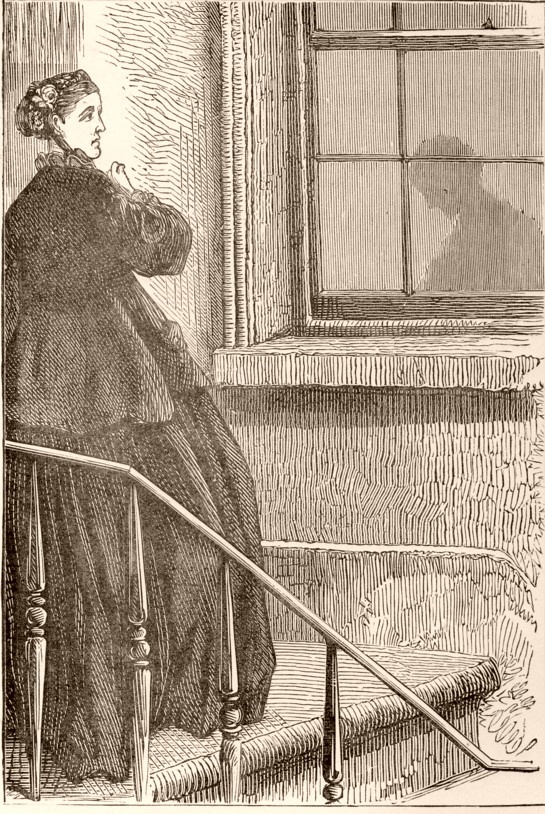Woman standing outside window looking at shadow of figure within. Caption: The Shadow on the Blind.