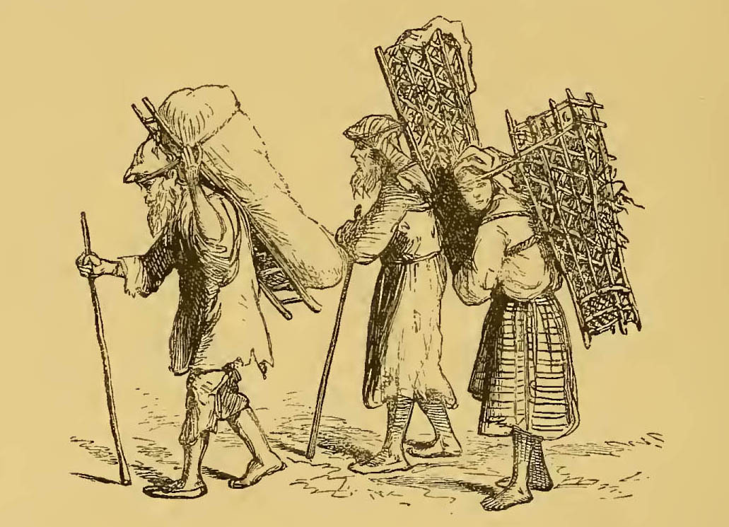 men and women carrying baskets on their backs
