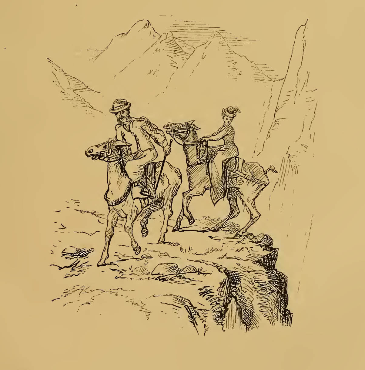 man on woman on uncooperative mules standing by ledge