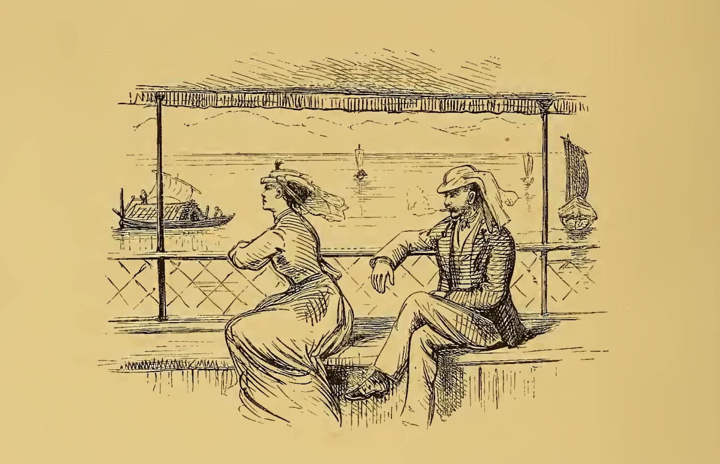 man and woman sitting under and awning watching boats