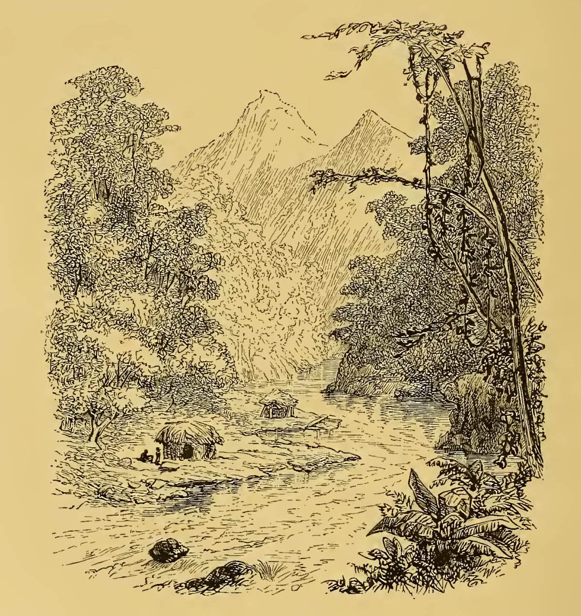 hut by river with mountains in distance