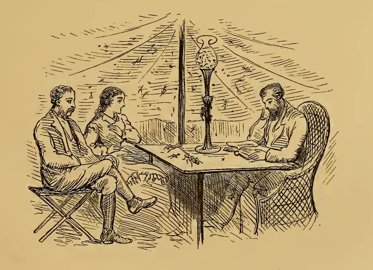 woman and two men sitting at table surrounded by bugs