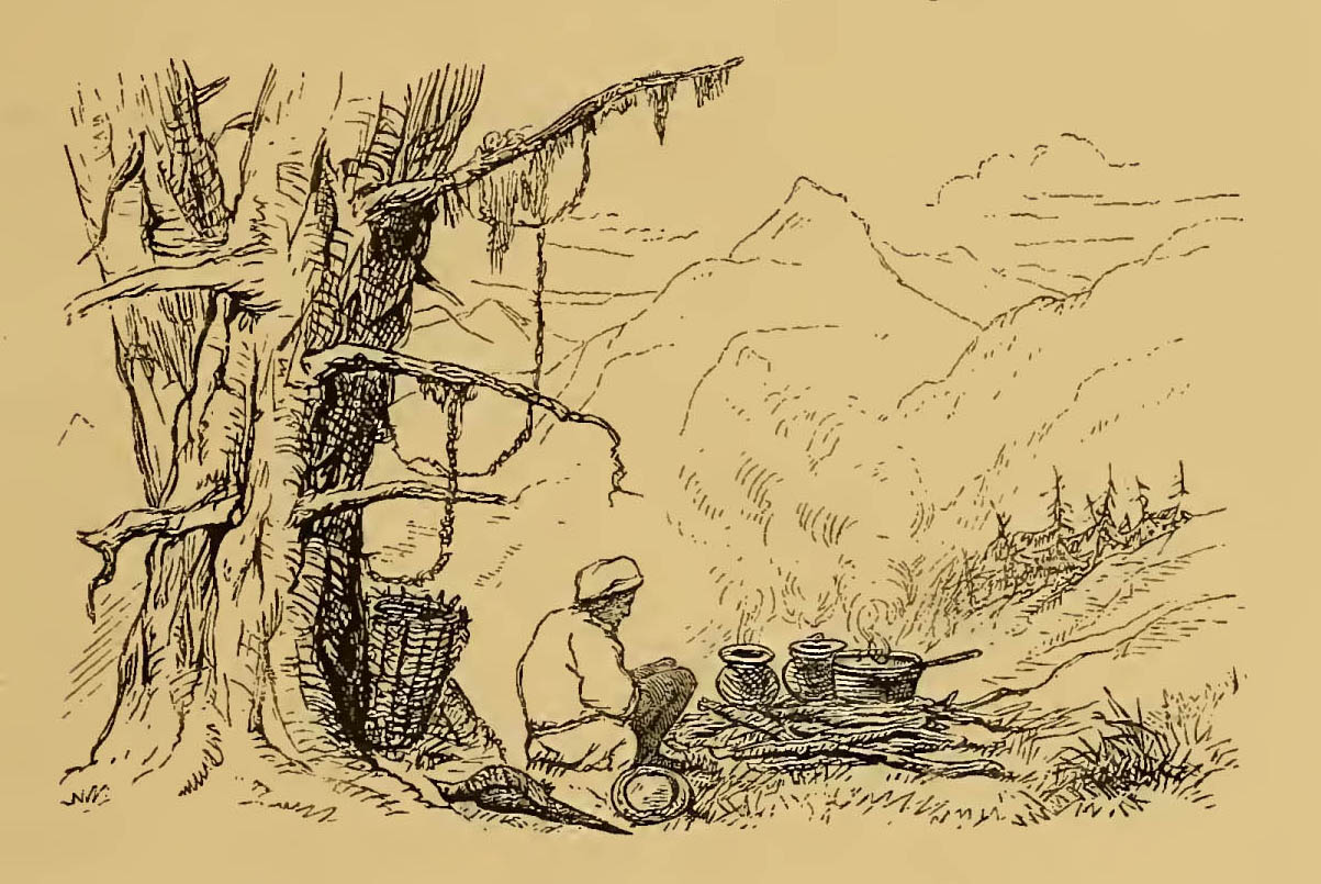 man cooking with pots over a fire, mountains in distance