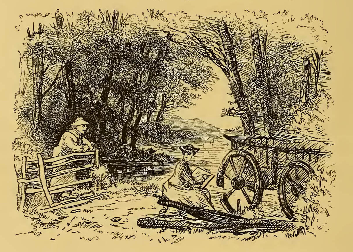farmer talking to woman sketching a wagon