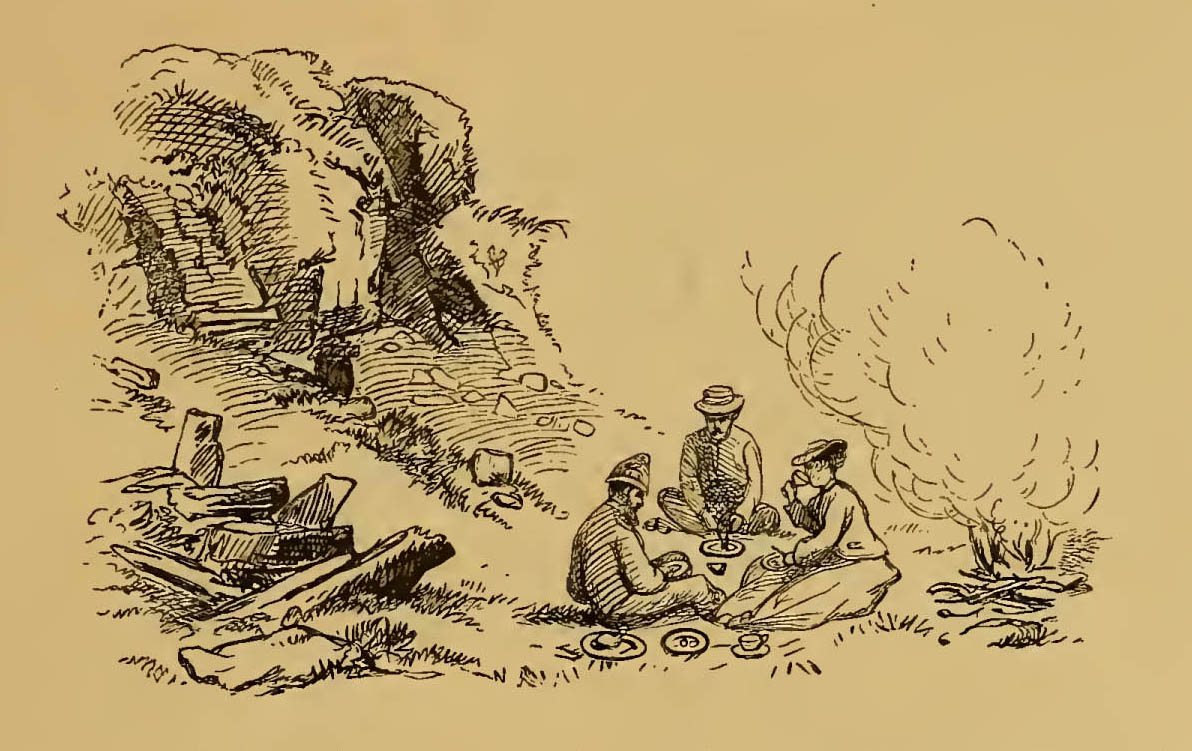 woman and two men having tea by a fire
