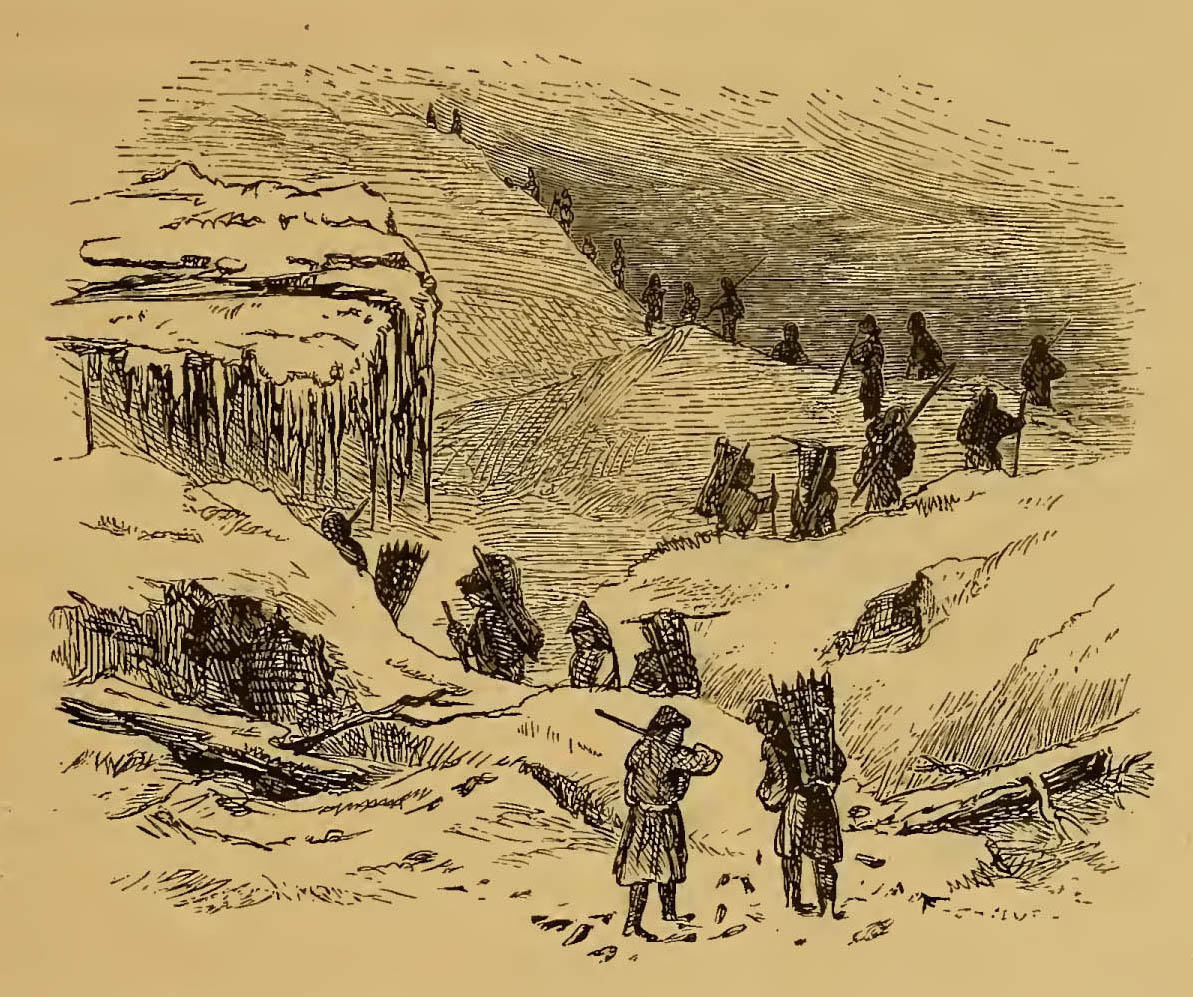 line of people carrying baskets crossing the landscape