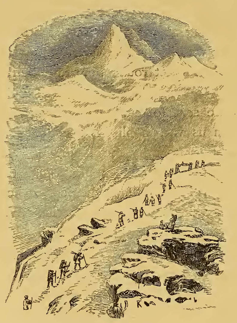 woman in litter and line of hikers climbing uphill toward mountain