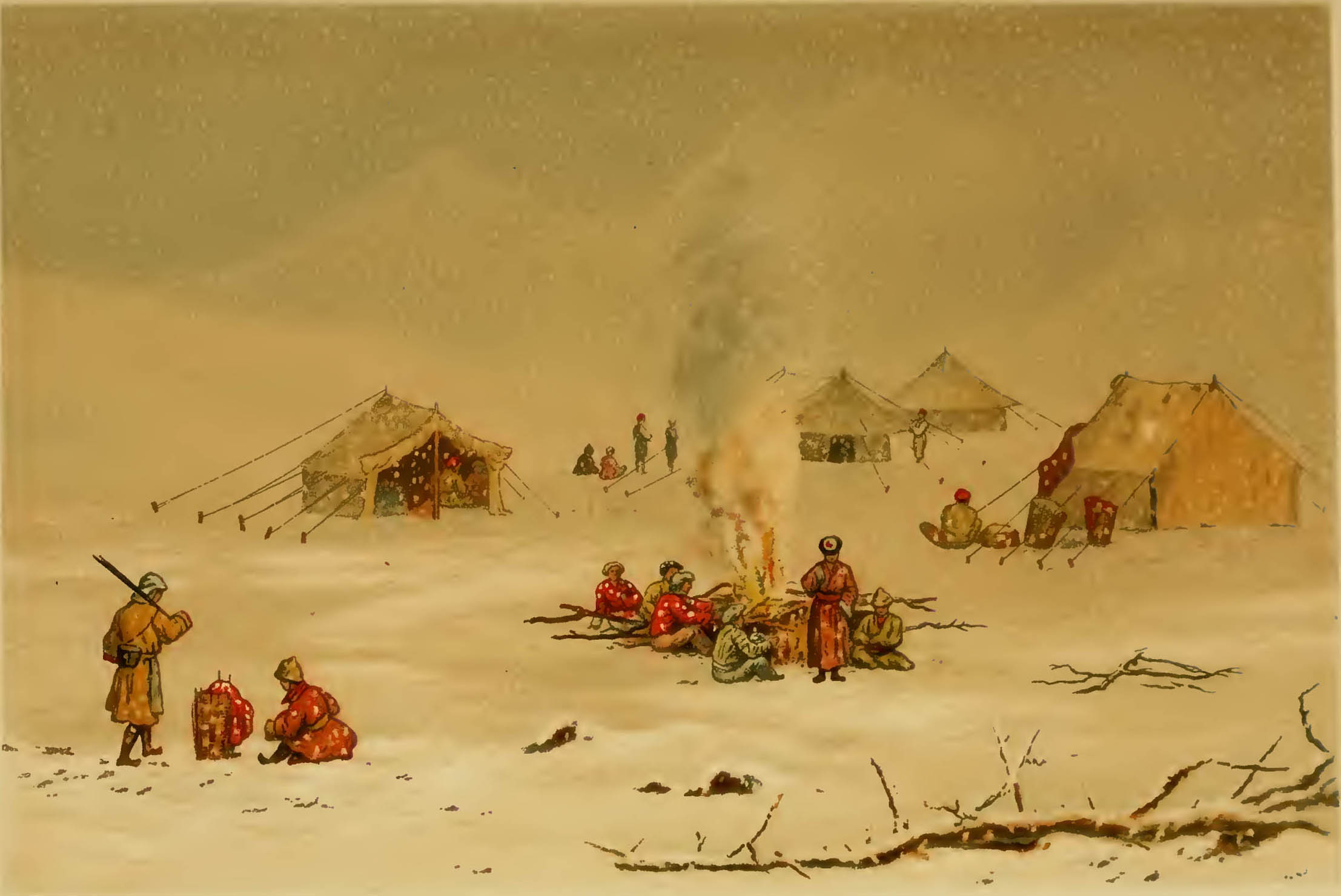 tents and groups by campfire in snowy landscape, caption: We Encamp in a Snow-Storm