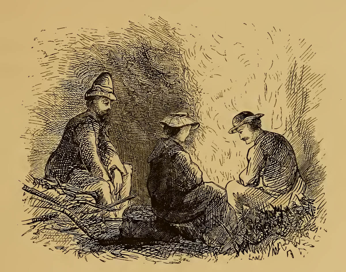 woman and two men sitting by campfire
