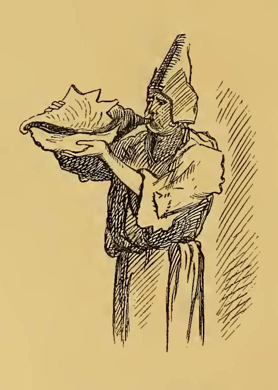 man blowing a conch trumpet