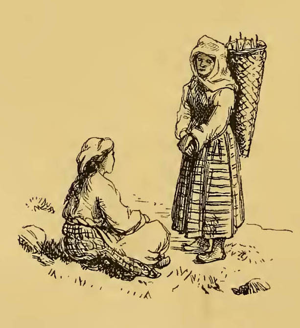 women with basket strapped to her back talking to another woman