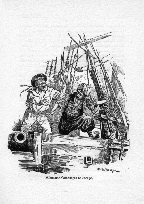 Almansor attempts to escape by jumping overboard, but is pulled back by a sailor.