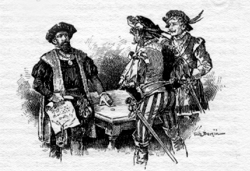 Three men with swords at a small table. One holds a document and points to money on the table.