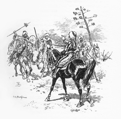 Men on horseback, two charging forward, one holding up his hand to stop them.