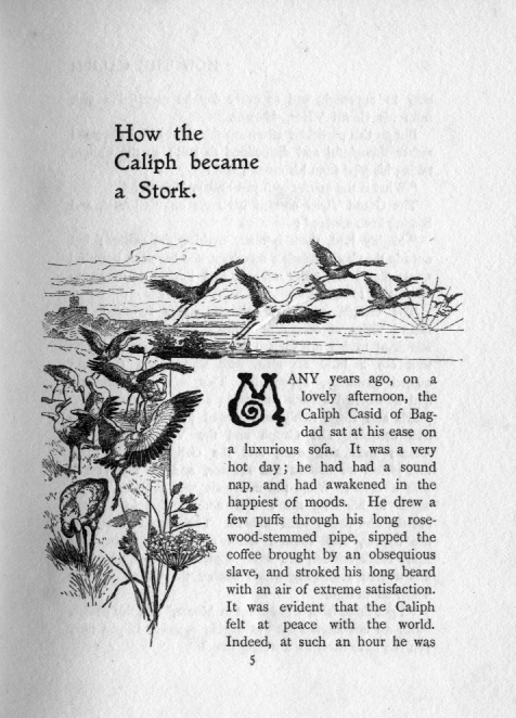 Image of a page from the book, the beginnig of the following story, decorated with several storks in various poses. Some in flight, others standing and eating.