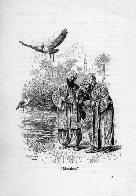 Two men observing a stork in flight.