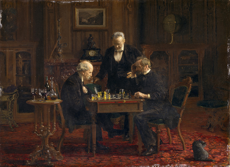 two men playing chess in wood-paneled room as another man watches