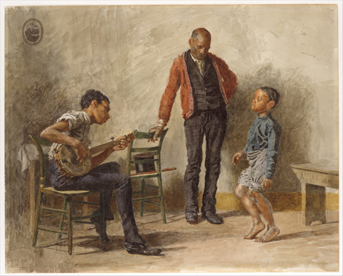 boy dancing and boy playing banjo with man observing