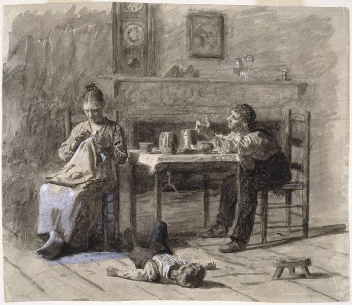 woman sewing, facing away from man seated at table and child on floor