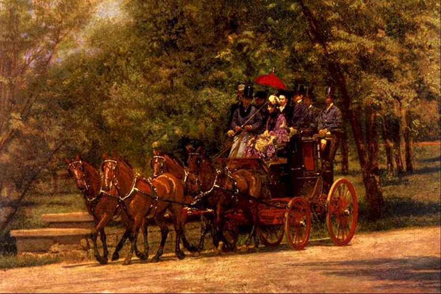 men in top hats and woman in purple dress in carriage drawn by four horses
