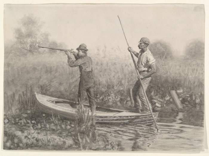 man with gun and man with quant pole standing in small boat