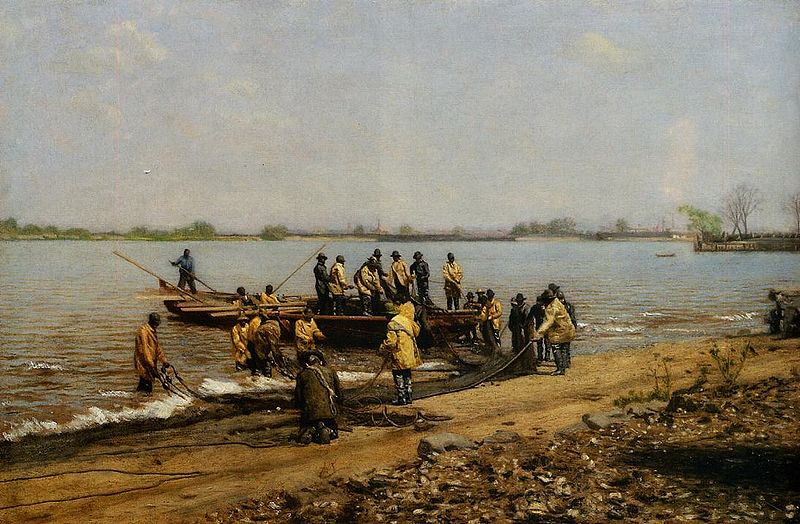 men in boat fishing on a riverbank