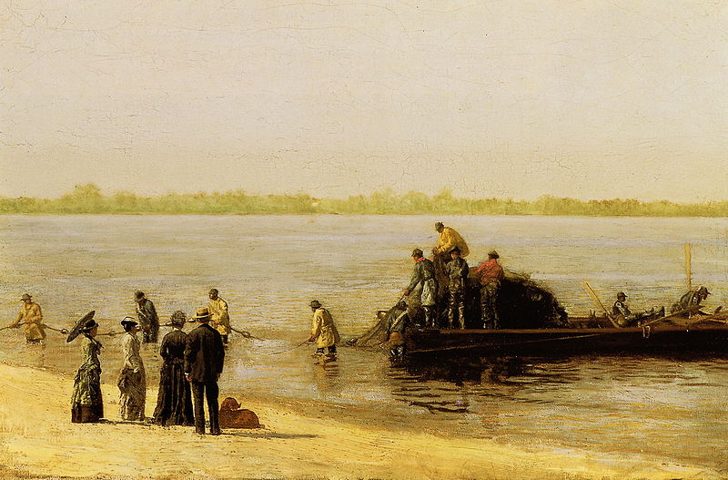 men in boat fishing on a riverbank while others observe from shore
