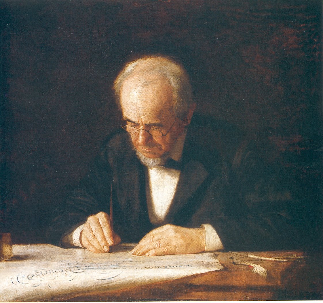 elderly man with glasses writing
