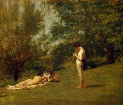 three nude people playing pan pipes in a pastoral setting