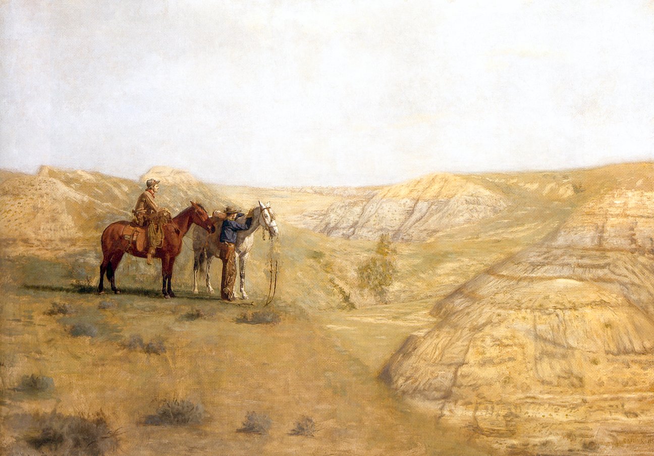 two men with horses in a barren landscape
