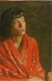 woman with bangs in red shawl