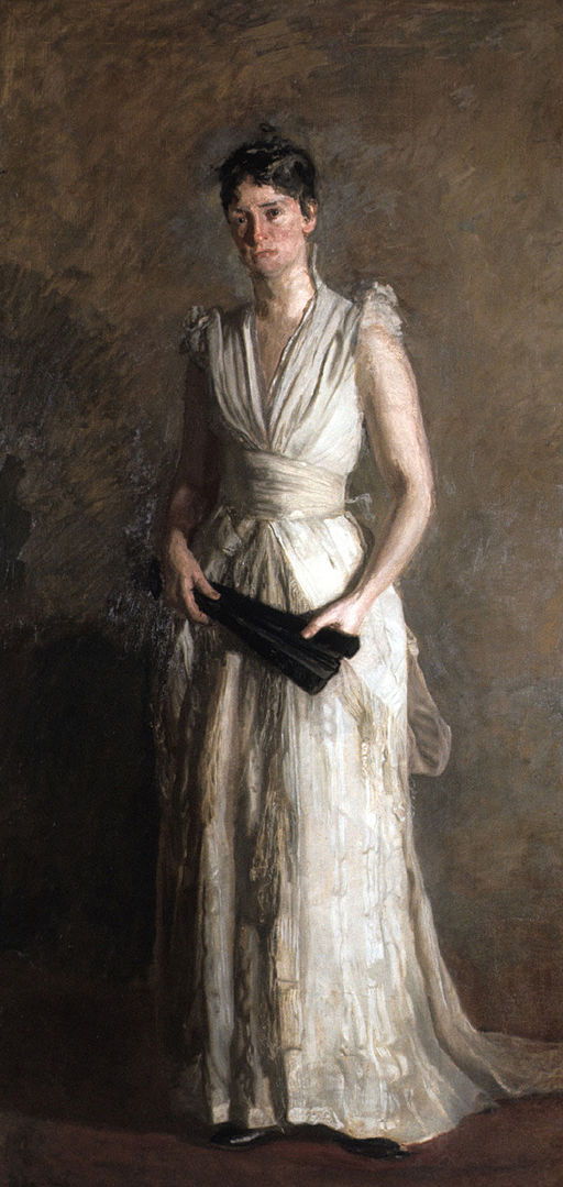 woman in white dress with black fan