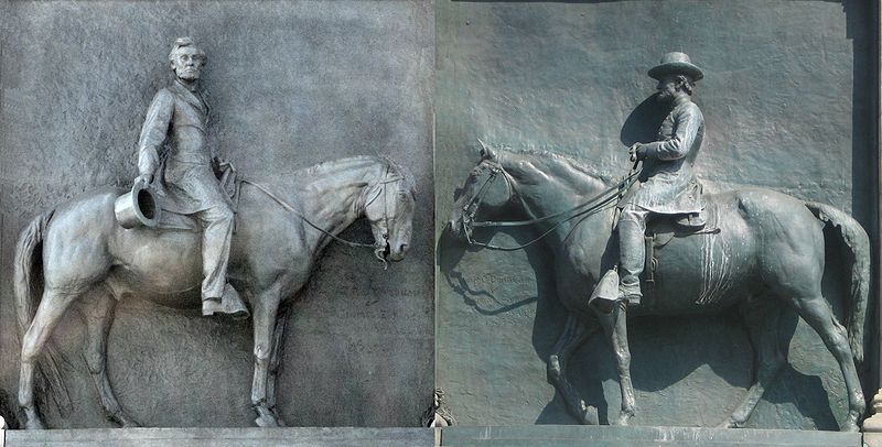 two relief sculptures of men on horseback