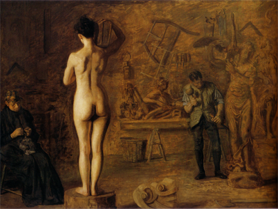 woman posing as sculptor works in background