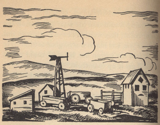 farm buildings, carts, and a windmill