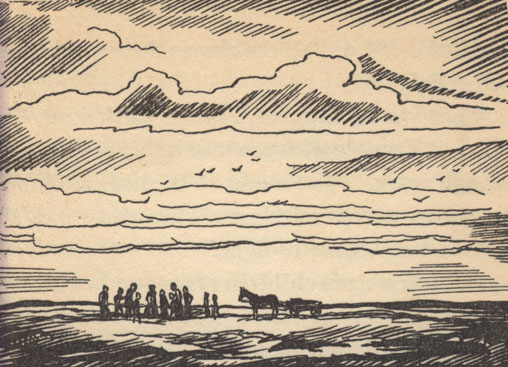 group of people standing on the prairie along with a horse and cart
