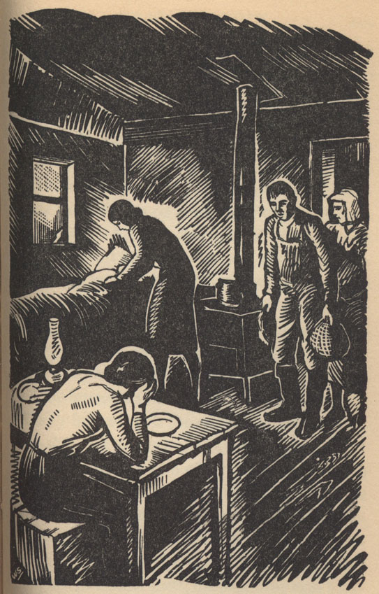 woman making bed while second woman sits at table with her head in her hands, a man and woman enter through door