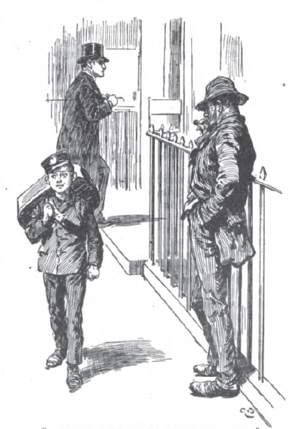 Scruffy-looking man leaning against railings as another enters a building. Errand boy walks past.