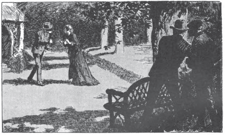 Outside, a woman gives a box to a man as two others watch from hiding