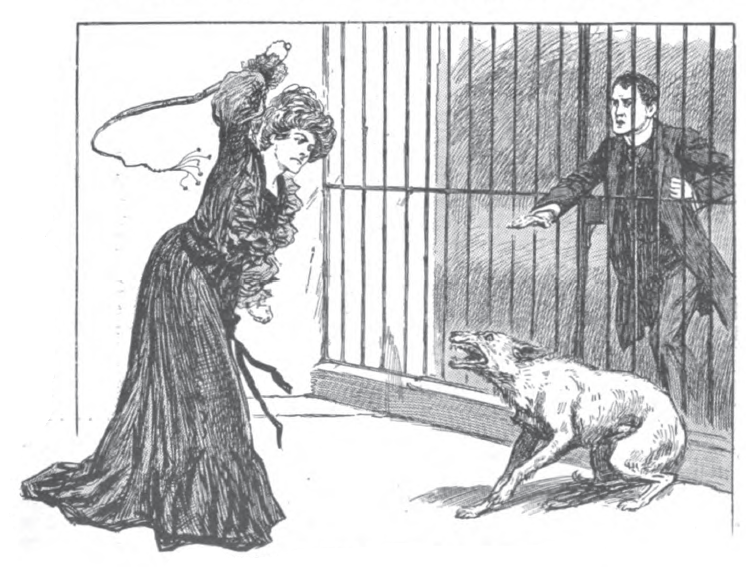 Woman whips a dog in a kennel as a man watches from outside