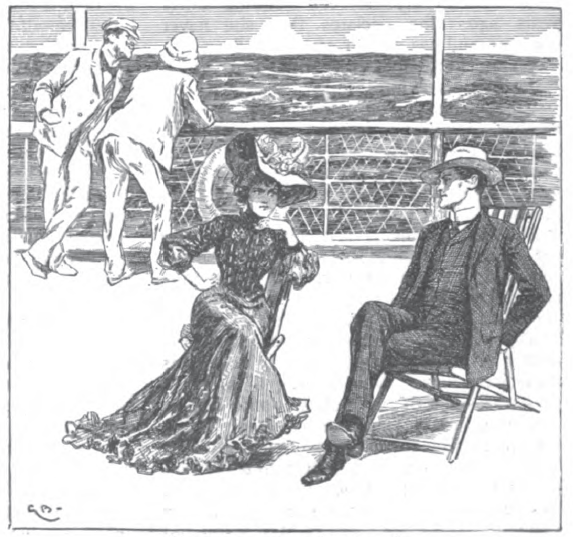 Two people in deck chairs, a woman leading toward a man.