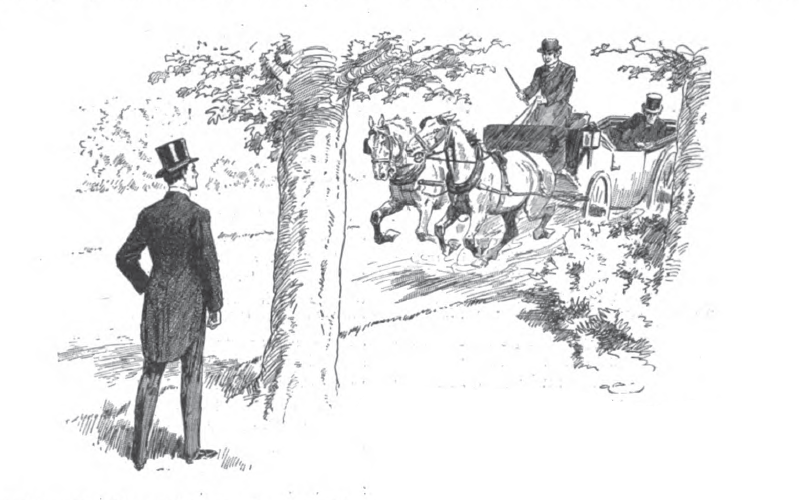 Man sees another arrive, driven in an open carriage with two horses.
